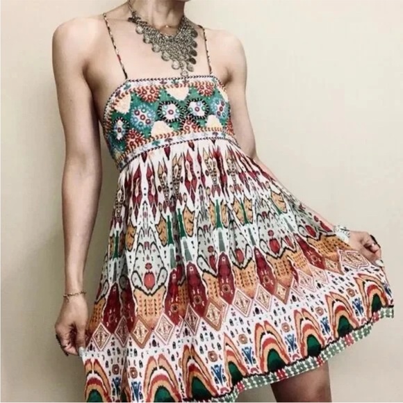 Zara Dresses & Skirts - Zara vibrant Multicolor Embroidered boho strappy mini babydoll Dress
